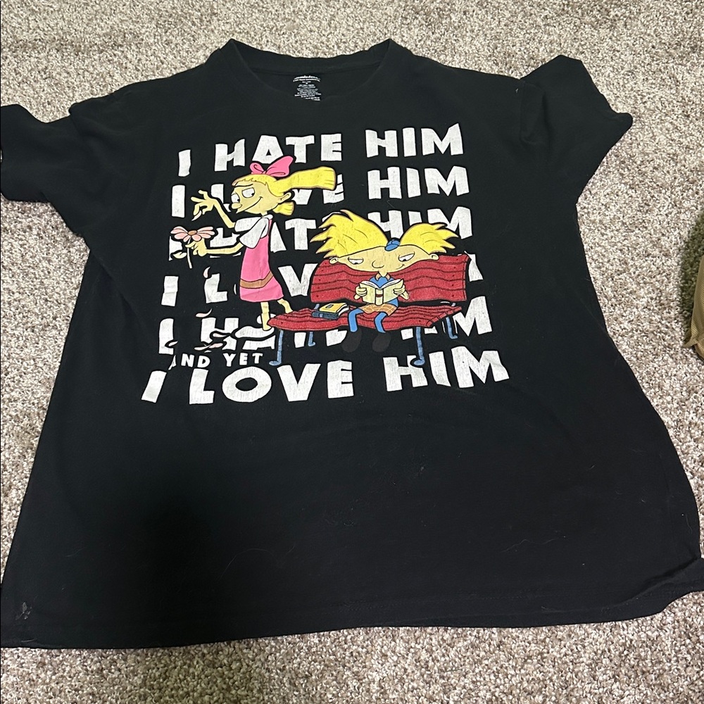 Black Graphic T-Shirt with Cartoon Print hey Arnold